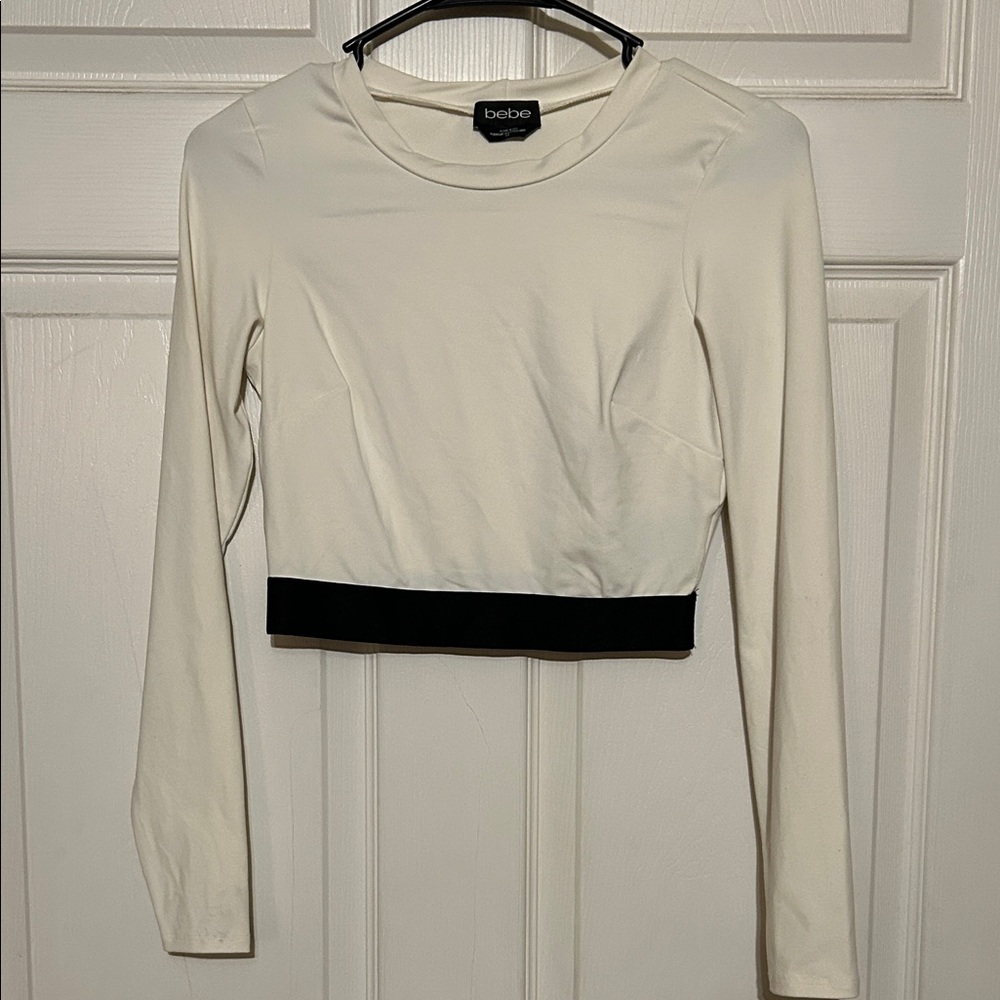 bebe White Long Sleeve Cropped Top with Black Band